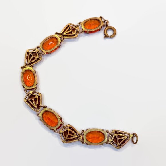 Art Deco Bracelet, Amber Glass, Brass, Gold Tone, Vintage 1930s, 1920s, Links - Picture 5 of 5